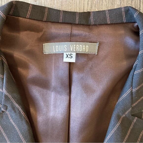Louis Verdad Brown Pin Stripe 2 Piece Suit XS Top S Skirt EUC - Picture 3 of 10